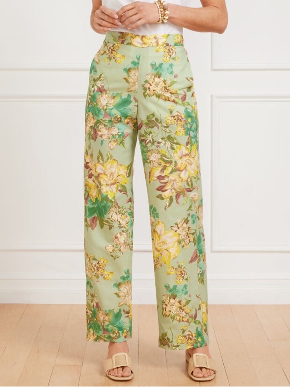 TALBOTS WIDE LEG WASHED LINEN PANTS - DYNAMIC FLORAL Green M NWT - Picture 3 of 11